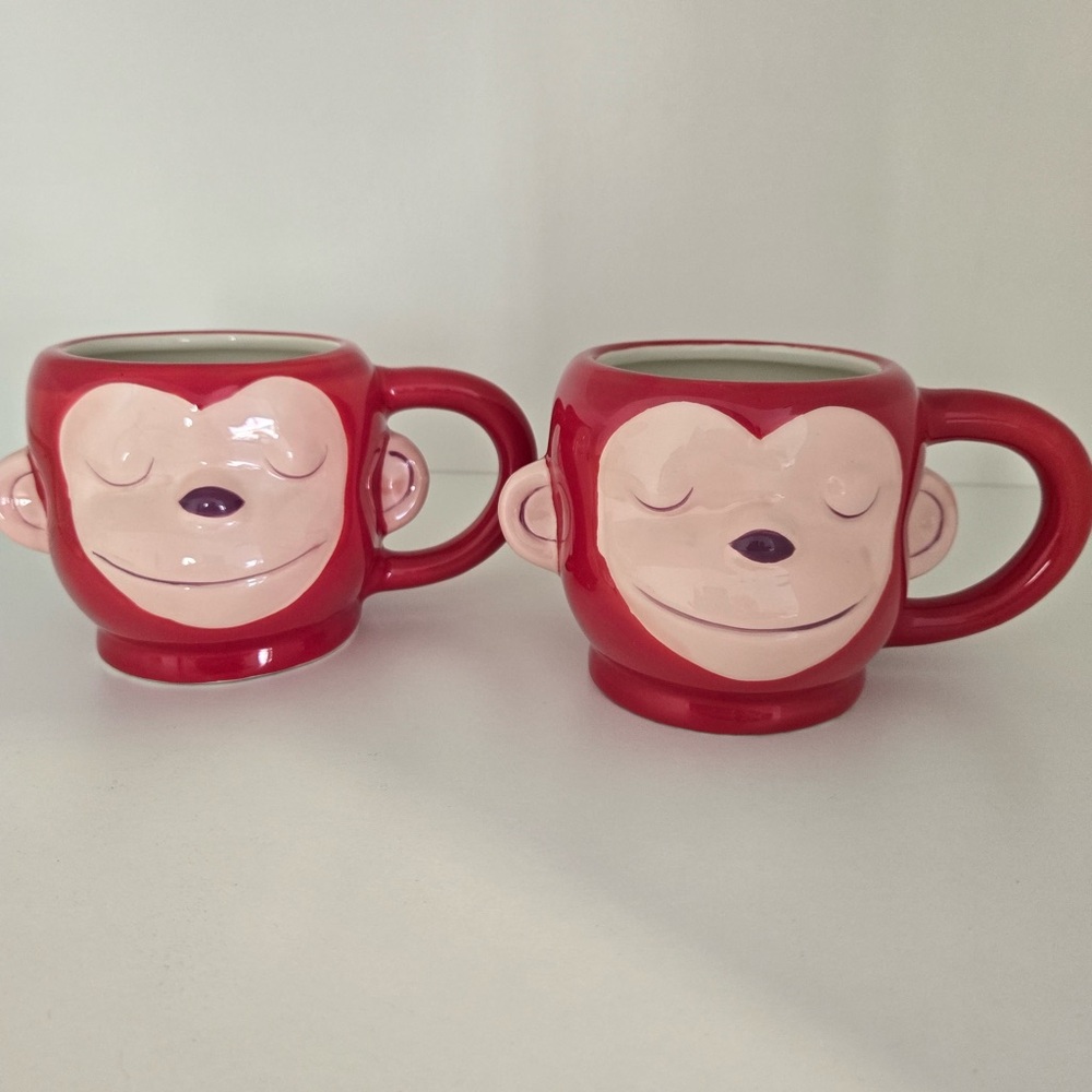 Valentine’s Day Monkey Face Mug Set of 2 – Red Ceramic Cute Kissing Monkey Cups